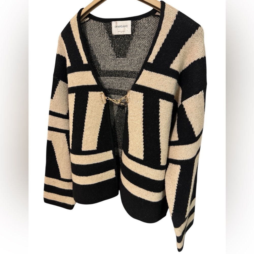 Black and Cream Knit Cardigan with Gold Hardware NWT - Picture 2 of 6